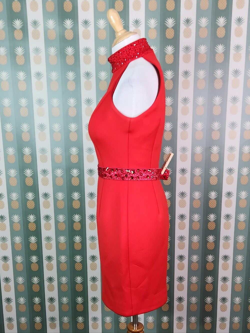 Jovani Red High-Neck Sequin Belt Sheath Dress - Picture 4 of 7